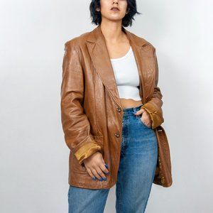 70s brown leather oversized blazer osfm xl xxl extra large 2xl / tan leather bla